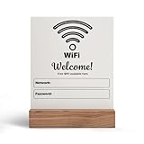 Señal de contraseña WiFi para habitación de invitados, tablero acrílico para escribir con soporte de madera de nogal, letrero WiFi moderno para el hogar, habitación de invitados, oficina