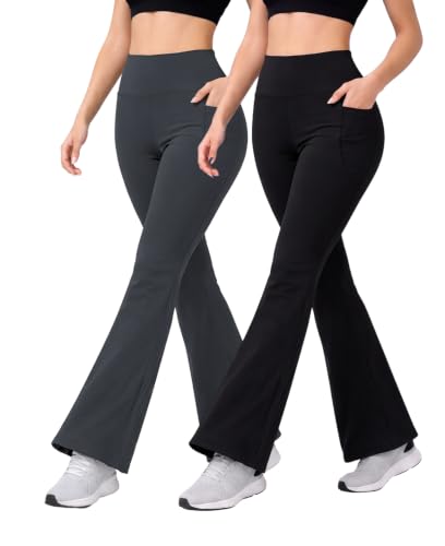 Image of Women's High Waist Bootcut Yoga Pants with Side Pockets | Flared Gym Leggings for Women | Stretchable Workout Bell Bottom Tights for Yoga, Gym, Running & Casual Wear Pack of 2