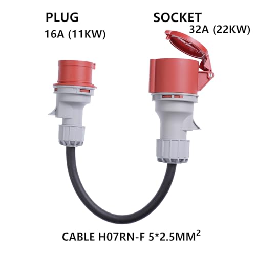 CEE Adapter 16A Stecker auf 32A Steckdose mit Schutzabdeckung, 3 Phasen, 5 polig, IP44 wasser- und staubgeschützt, tragbar, geeignet für den industriellen und privaten Gebrauch (16-32)