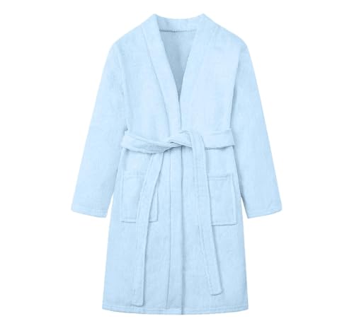 Image of Umeyda Kids Terry Cloth Bathrobe Boys Girls Soft Kimono Towel Cotton Robe, Light Blue, 9-10 Years