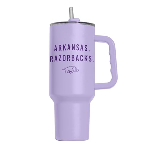 Image of Logo Brands NCAA Arkansas Razorbacks Lavender 40 oz Tumbler with Handle - Stylish Everyday Use Powder Coated-Stainless Steel with Straw- Keeps Cold For Hours