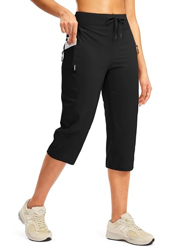 Women's Capri Pants Lightweight Hiking Travel Capris with Pockets(Black,XL)
