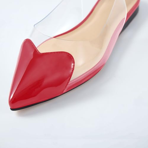 Women's Fashion Pointed Toe Heart Transparent PVC Slingback Flat Shoes Comfort Slip On Cap Toe Clear Ballet Flats Work Wedding Dress Flat Shoes for Women Red Size 73