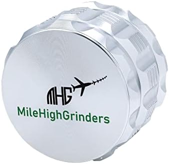 Herb Grinder by MileHighGrinders. Large 2.5''. Anodized Aircraft Aluminium. Magnetic Lid. No-Slip Grip, Non-Stick. No Flaking Ultrasharp Teeth. 4 Piece with mesh and Pollen Layers. (Silver)