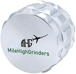 Herb Grinder by MileHighGrinders. Large 2.5''. Anodized Aircraft Aluminium. Magnetic Lid. No-Slip Grip, Non-Stick. No Flaking Ultrasharp Teeth. 4 Piece with mesh and Pollen Layers. (Silver)