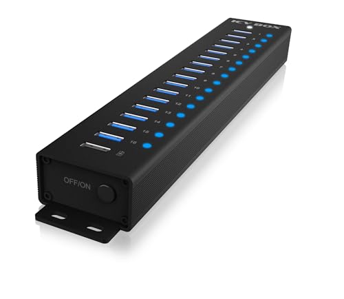 ICY BOX USB HUB (17 Ports) 16x USB & 1x USB Laden, USB 3.2 Gen 1 (5 Gbit/s pro Port), mit 96W Netzteil, USB-A, Aluminium, IB-HUB1717-U3