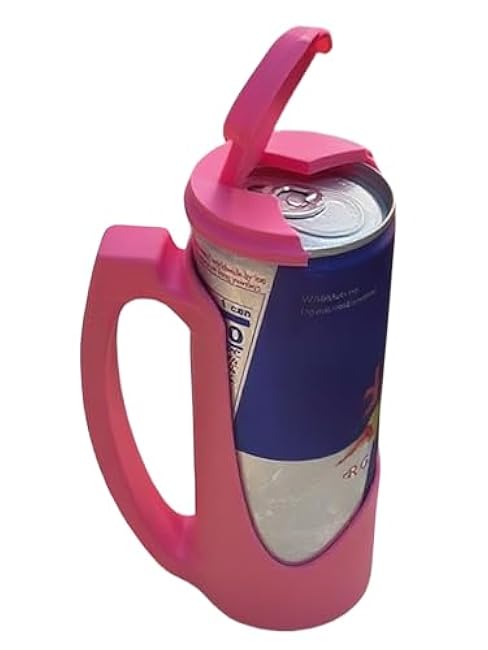12 Oz Slim Can Holder with Handle Snap Lid, Reusable Energy Drink Holder, Beer Grip for Soda, Beer & Beverages, Compatible with Redbull Cans (Pink)