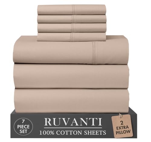 RUVANTI 100% Cotton Split King Sheets, Percale Sheets Set, Sand Stone