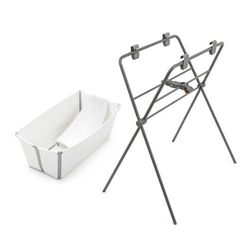Stokke Flexi Bath (White) + Newborn Support + Flexi Bath Stand - Best for Newborns & Babies Up to 48 Months - Foldable, Durable & Easy to Store