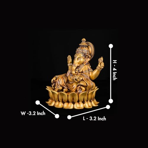 Image of Artarium Resin Small Lord Ganesha Idol (Height 4-Inch), Lotus Ganpati Murti Statue, Handcrafted for Car Dashboard Home Temple and Home Decor Gift Item - Gold Finish