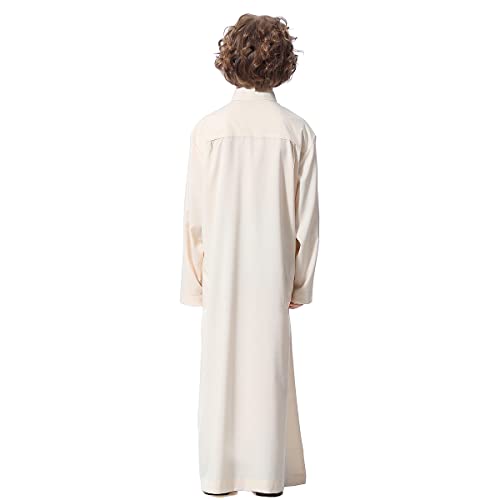 IDOPIP Muslim Thobe for Boys Kids Long Sleeve Islamic Arabic Kaftan Robe Middle East Dubai Prayer Dress Clothes with Pockets4