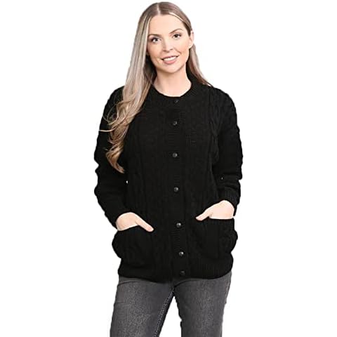 OgLuxe Womens Cardigan Knitted Button Up Cardigan Chunky Cable Crew Neck Pocket Front Button Up Aran Sweater Black Cover