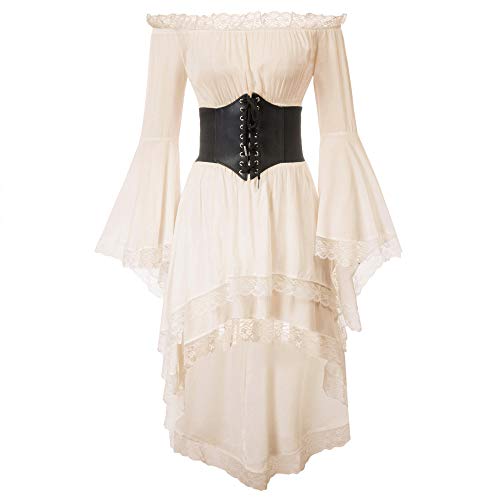 KANCY KOLE Women Gothic Steampunk Retro Bell Sleeve Victorian Lace-up Ruffled Long Dress Apricot(89-3) XL steampunk buy now online