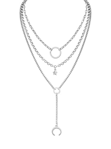 Sacina Layered Silver-tone Crescent Moon Star Choker Necklace, Gothic Punk Grunge Emo Necklace, Goth Jewelry, Christmas Jewelry Gift for Women