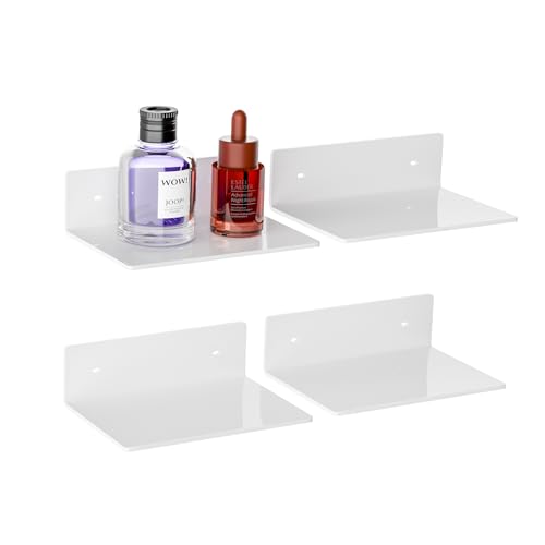 Image of Hexsohoma 9 Inches White Floating Shelves, Acrylic Wall Shelves for Living Room, Bedroom, Bathroom, Kitchen, Office, Brand Store, Retails, Gaming Room, 4 Pack