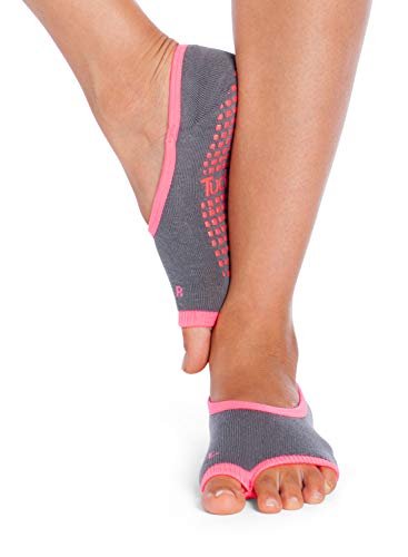 Pilates Ballet Socks for Women, Toeless Non Slip Skid Open Toe Gripper Sock - Pure Barre, Dance (Gray/Pink)