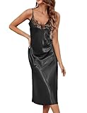 Marvmys Womens Silk Long Nightgown Satin Lace Slip Dress Sleepwear Spaghetti Strap V Neck Chemise Night Dress Black