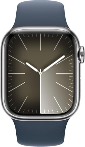 Image of Apple Watch Series 9 [GPS + Cellular 41mm] Smartwatch with Silver Stainless Steel Case with Storm Blue Sport Band M /L. Fitness Tracker, ECG Apps, Always-On Retina Display