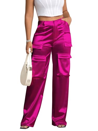 Aressdom Metallic Satin Cargo Oversized Pants for Women Tall Plus Size Dressy Concert Dinner Outfits, Hot Pink, 2XL