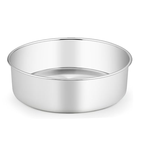 Image of TeamFar Round Cake Pan, 8'' x 3'' Stainless Steel Deep Baking Roasting Cake Pan for Birthday Party Wedding, Non-Toxic & Heavy Duty, Deep & Straight Wall, Mirror Finish & Dishwasher Safe