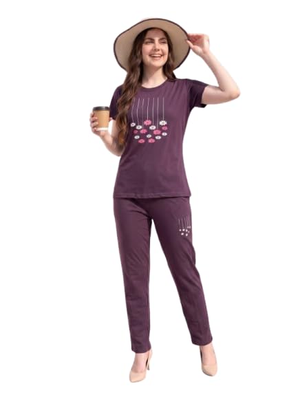 Women's Cotton Printed Co-Ord Set Round Neck Half Sleeve T-Shirt with Matching Pants Comfortable Casual Lounge Wear Outfit-picture-42