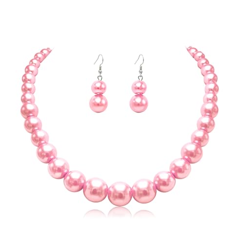 Cryshimmer Pink Pearl Choker Necklace for Women Faux Pearl Beads Necklace Earring Set Costume Jewelry