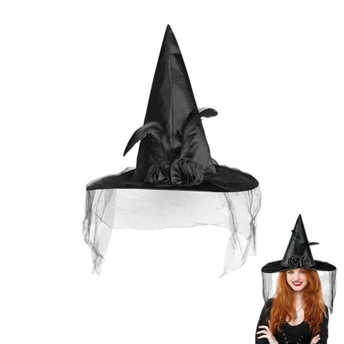 dinghaole Elegant Black Witch Hat With Veil And Feathers Pointed Halloween Carnival Costume Accessory Suitable For Holiday Party And Event Dressing Up