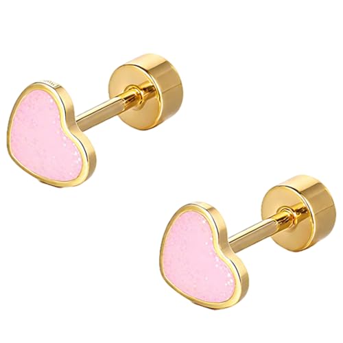 LQIOACU Pendientes de botón de corazón de titanio para niñas Pendientes de botón en forma de corazón para mujeres Pendientes hipoalergénicos pequeños Regalos Pendientes para niñas, rosa, 1 par