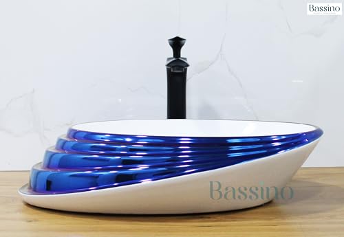 Image of BASSINO Art Wash Basin Counter top, Small Tabletop Ceramic Bathroom Sink /Basin (520 x 380 x 150 mm) (BLUE GLOSSY)