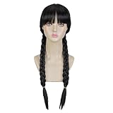 GXGM Parrucca Mercoledì Donna, Parrucca Lunga con Treccia Doppia Nera e Frangetta, Fibra Sintetica Naturale, Regolabile, Cosplay Halloween Carnevale Party
