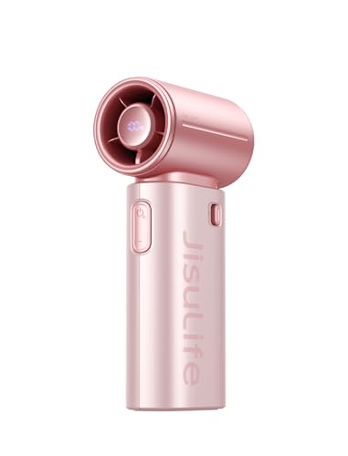 Image of JISULIFE Mini Handheld Fan Life9S - Sleek Chrome: Turbo Power, 22 Hours Cooling, LED Display, 5000mAh, 5-Speed, Small Portable Fan for Travel, Cruise, Concerts, Trendy Gifts for Women Men-Pink