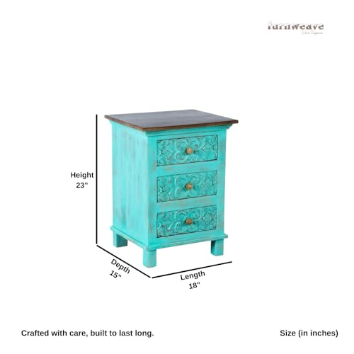 Image of Wooden Bedside Table for Bedroom | Solid Wood Orek Bedside Table with Drawers | Corner Side Table for Living Room | Traditional Handcrafted Furniture for Home Decor (Turquoise Distress)