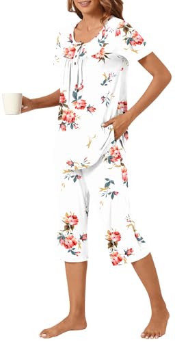 Image of Womens Summer Pajama Sets 2 Piece Short Sleeve Top and Capri Pants Plus Size Ladies Lounge Pjs Sets with Pockets