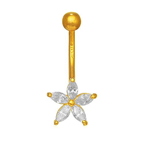 14k Solid Gold Yellow Belly Button Flower CZ Navel Ring Body Jewelry, 1gr.