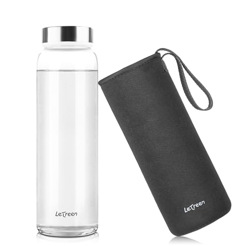 LETREEN Glasflasche 1 Liter mit Schutzhülle, Weite Öffnung Wasserflasche 1L Glas mit Spülmaschinenfest 1000ml Auslaufsichere Trinkflasche, 100% BPA frei geeignet für Büro Schule Sport