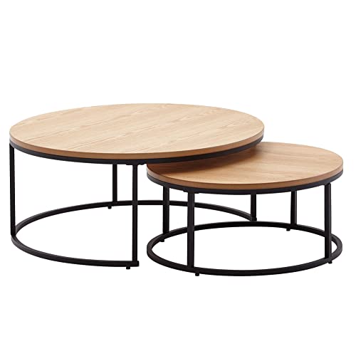 WOHNLING Juego de Mesa de Centro de 2 Madera/Metal Mesita Redonda de Roble Moderno | Mesa Auxiliar de diseño 2 Piezas | Mesas de salón Redondas | Mesas Nido de Mesa de Madera Cover