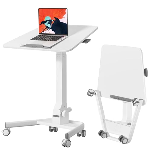 Bureau pour ordinateur portable sur roulettes inclinable pliable blanc compact