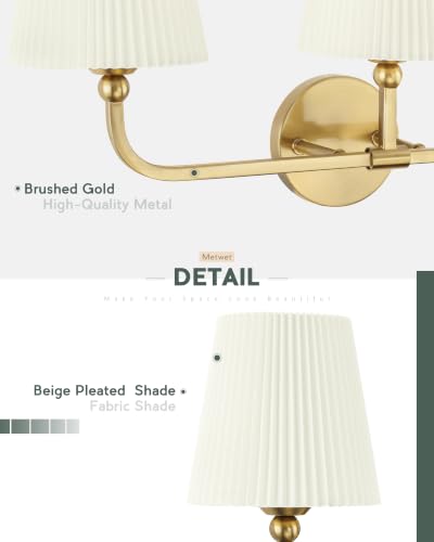 Image of 3-Light Gold Bathroom Vanity Light, Beige Pleated Fabric Shade