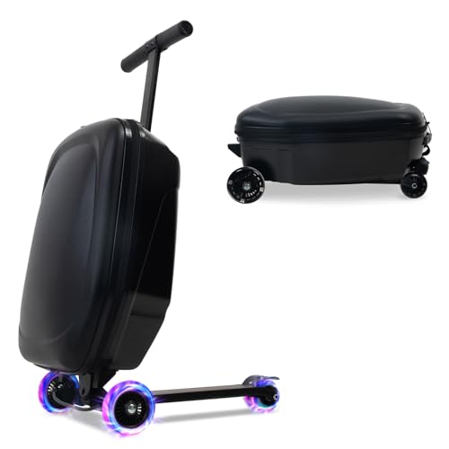 Apelila Maleta para patinete de 20 pulgadas para niños, equipaje de paseo 2 en 1 con ruedas para niños y niñas de 4 a 15 años, maleta de viaje ligera y plegable para avión, Negro suave con LED, 20