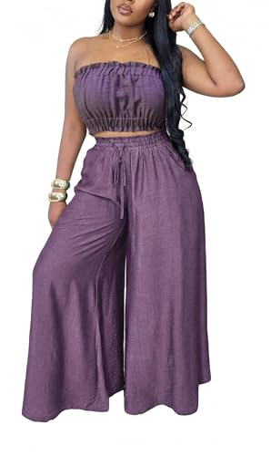 Image of Two Piece Sets for Women Summer Outfits Crop Tops and Wide Leg Pants Sets Sexy Jumpsuits Vacation Outfits with Pockets