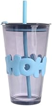Transparent glass cup with silicone handle, lid and straw 450 ml (Blue)