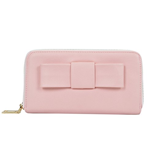 Women's Bow Front PU Leather Zip Around Wallet, Pink2