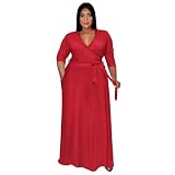 Runwind Plus Size Dress for Women 3/4 Sleeve V Neck Maxi Dresses for Women Red 4XL