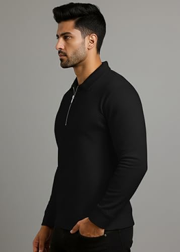 Image of Peppyzone Men's Full Sleeve Textured Polo T-Shirt with Collar | Stylish Chain Zip Tshirt for Man | Premium Polyester Lycra Stretch Fabric | Long Sleeve T Shirt for Men