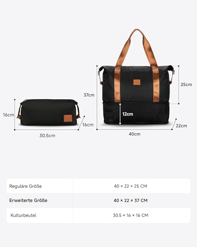 LUGGEX Reisetasche Handgepäck Tasche Ryanair Erweiterbare Weekender Damen Sporttasche mit Kulturbeutel Wasserabweisend Travel Duffle Bag 40×22×25 cm