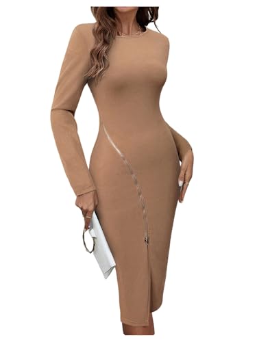 Image of SOLY HUX Women's Patchwork Leather Zipper Dress Crew Neck Long Sleeve Split Hem Elegant Bodycon Dress