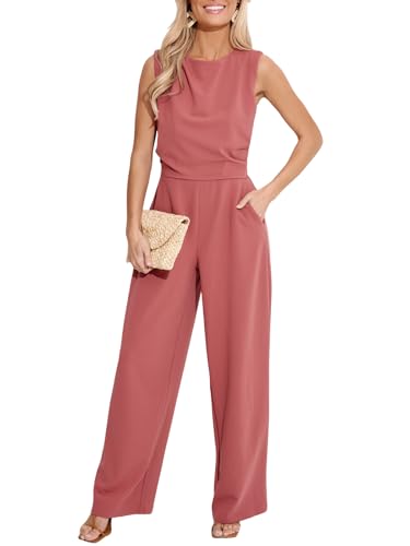 CUPSHE Damen Jumpsuit Rundhals Ärmellos Overall Plissee Weite Beine Playsuit mit Taschen Elegant Hosenanzug Rosa S