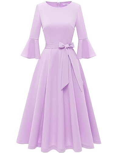 Image of HomRain Women's Church Dresses Modest Bell Sleeve Wedding Guest Cocktail Tea Party Vintage Evening Dress