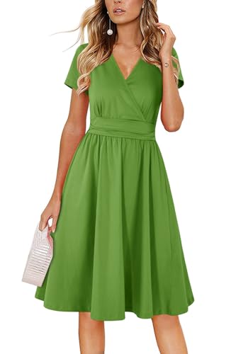 Image of Newshows Womens Summer Short Sleeve Casual Dresses V Neck Floral Vacation Sundress Faux Wrap Midi Dress with Pockets