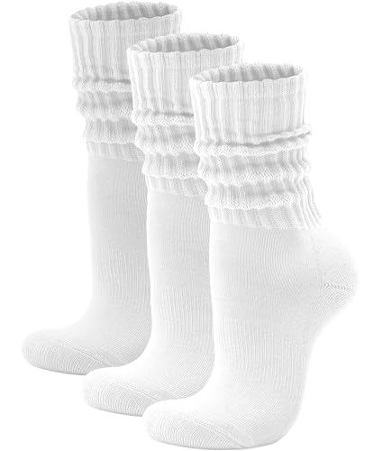 Acomono Scrunch Crew Socks 3 Pack Retro Slouchy Cotton Calf Socks for Men & Women Cushioned Solid Stacked Boot & Sneaker (US Numeric 5 10 Regular Regular 3 Pack White)